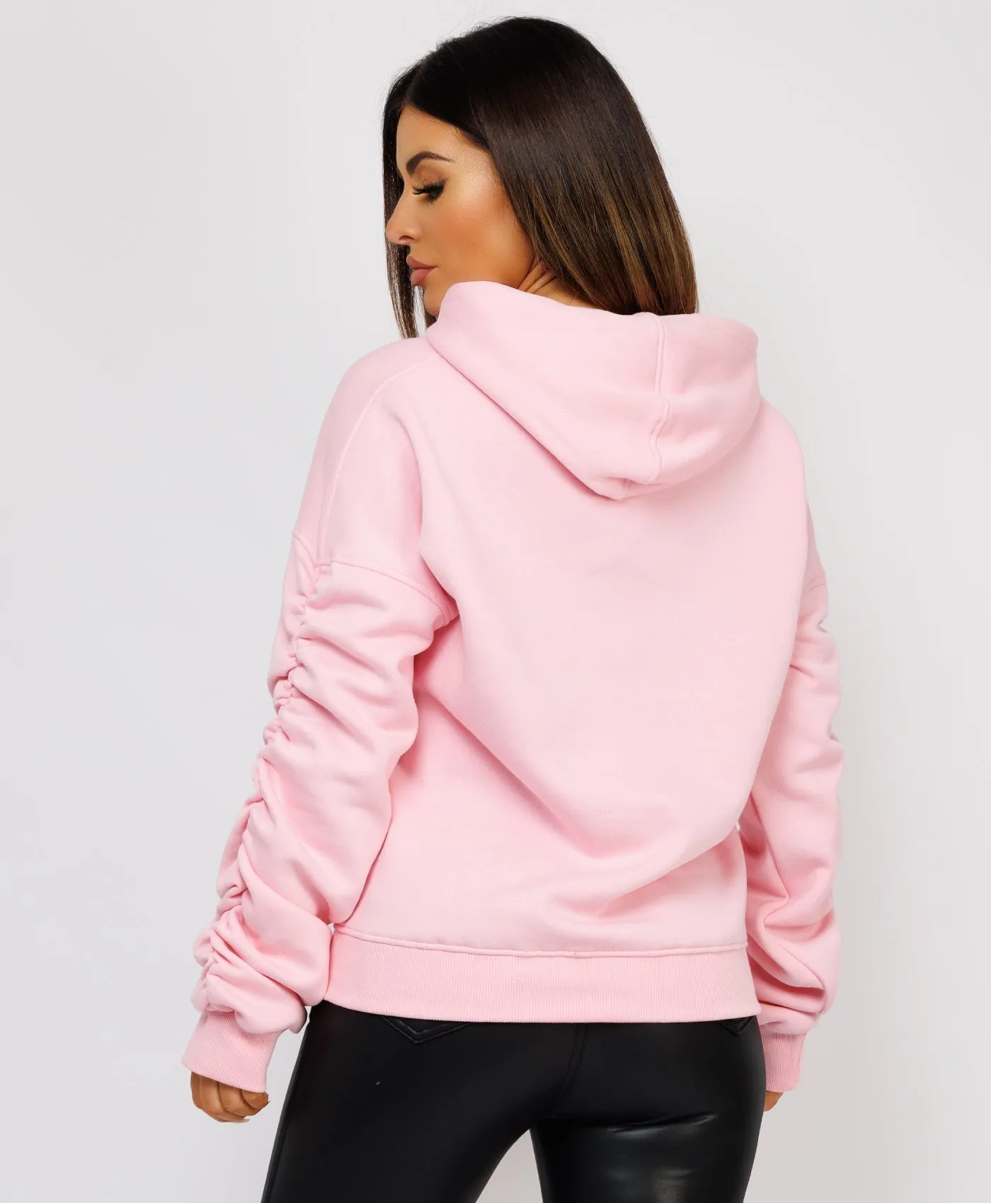 Pink Ruched Sleeve Oversized Fit Hoodie