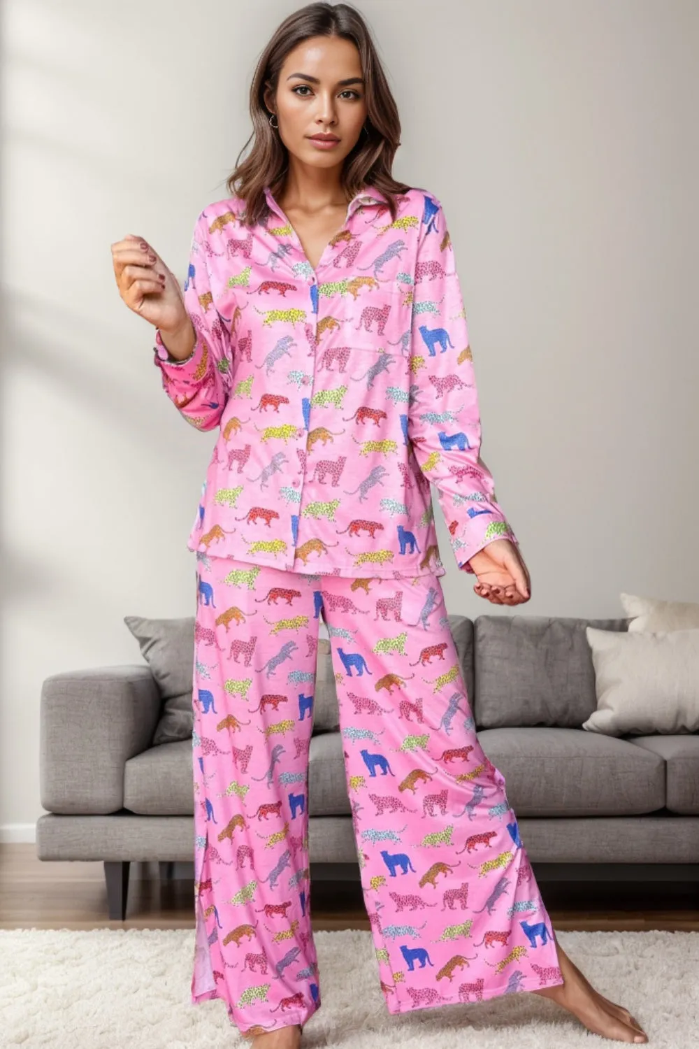 Pocketed Printed Top and Pants Lounge Set