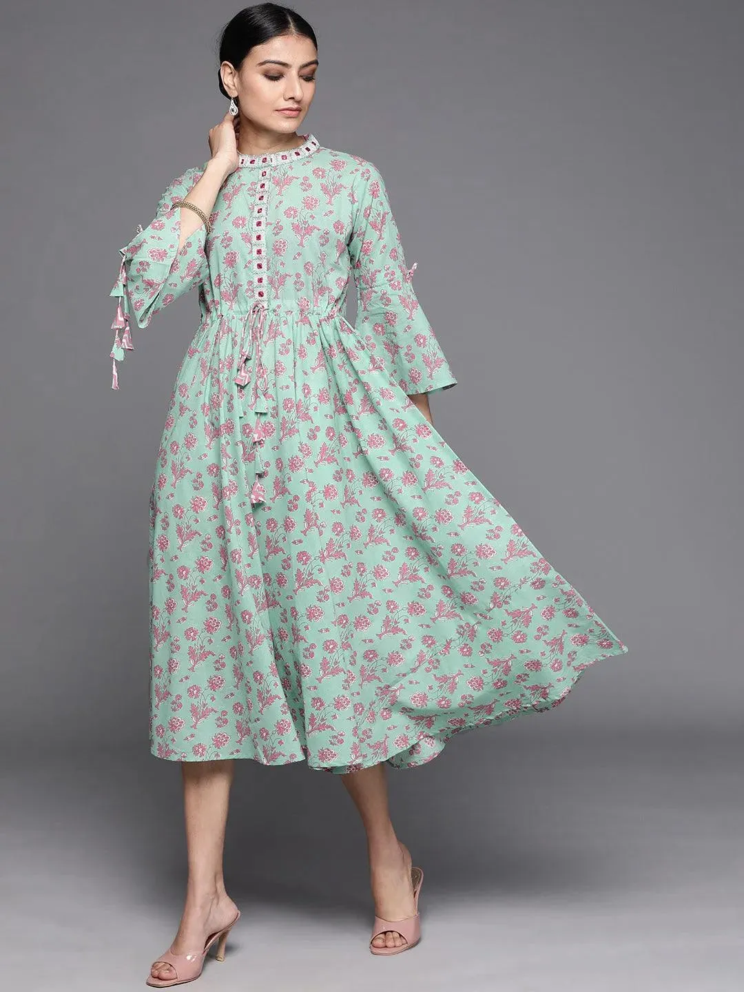 Sea Green Printed Cotton Dress