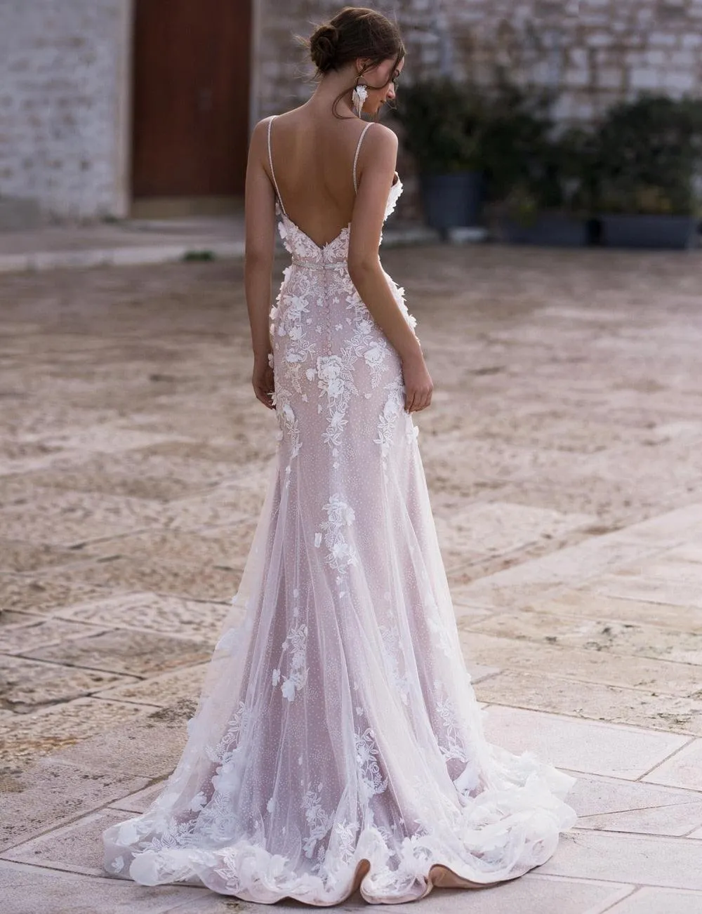 Sexy Mermaid Deep V-Neck Spaghetti Straps Beading Crystal Sashes 3D Appliques Vestido De Novia Bridal Gowns