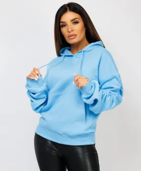 Sky Blue Ruched Sleeve Oversized Fit Hoodie