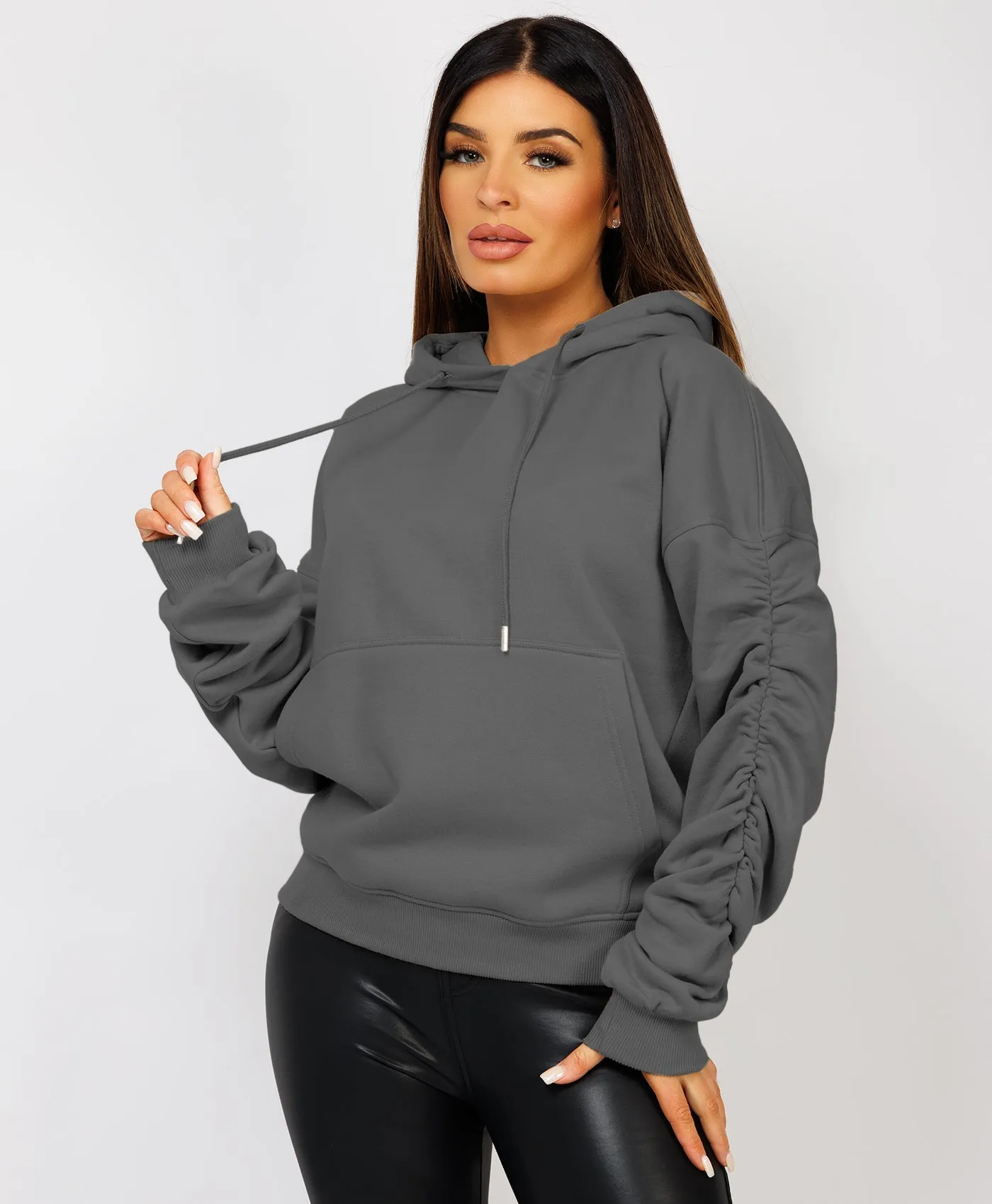 Slate Grey Ruched Sleeve Oversized Fit Hoodie