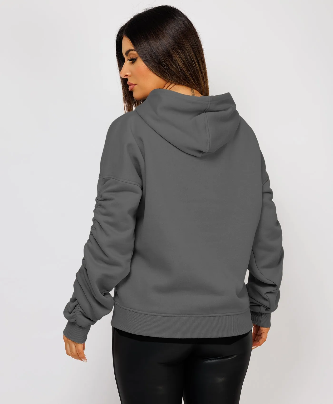 Slate Grey Ruched Sleeve Oversized Fit Hoodie