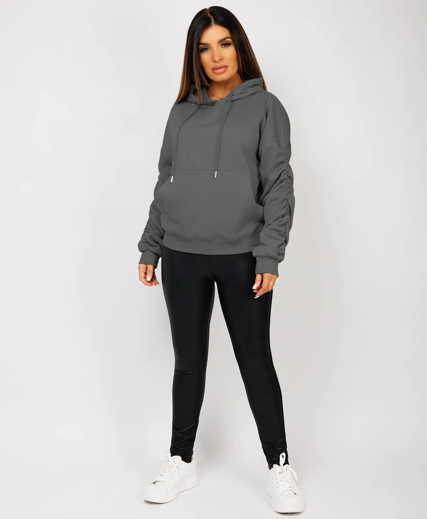 Slate Grey Ruched Sleeve Oversized Fit Hoodie