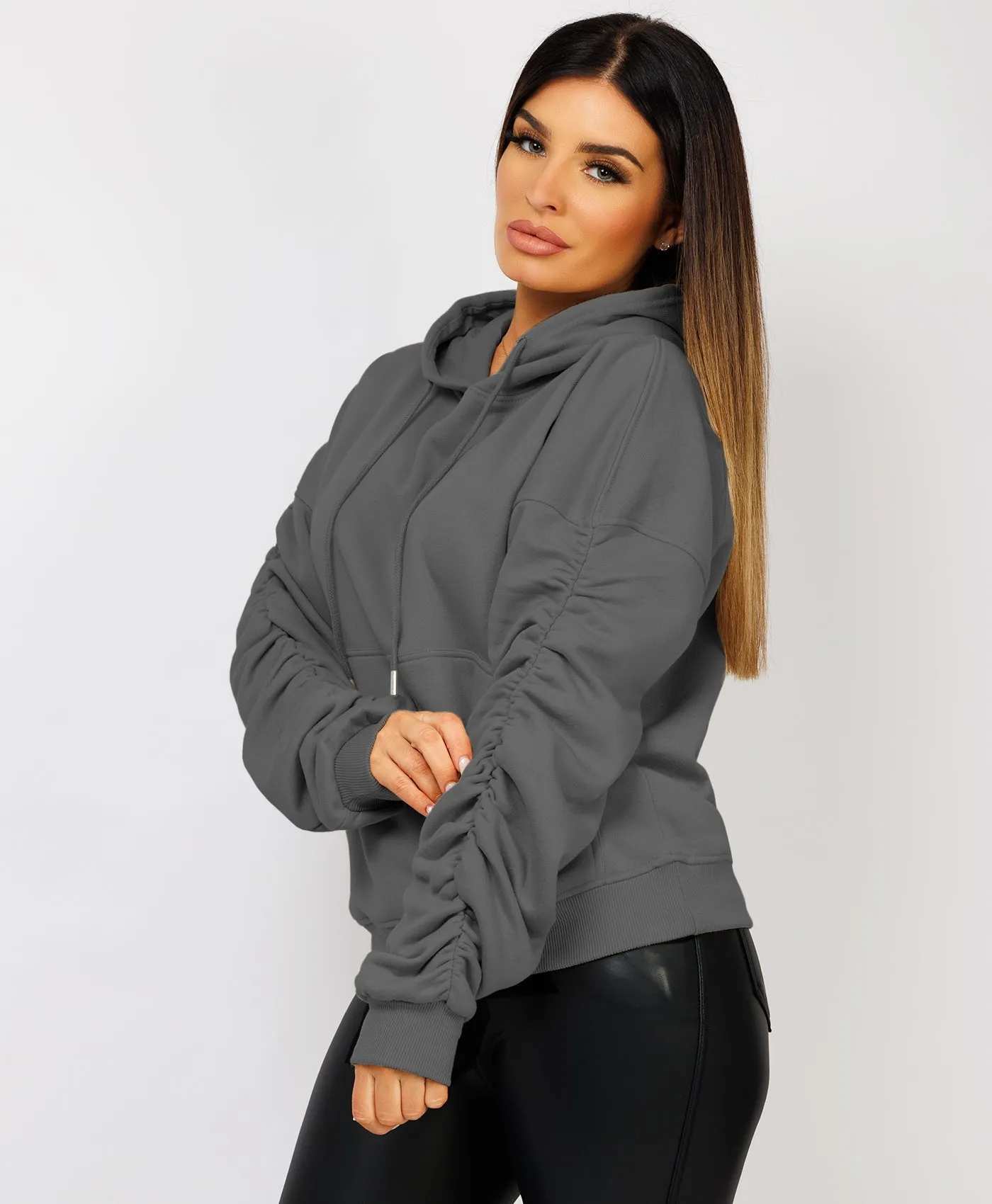 Slate Grey Ruched Sleeve Oversized Fit Hoodie