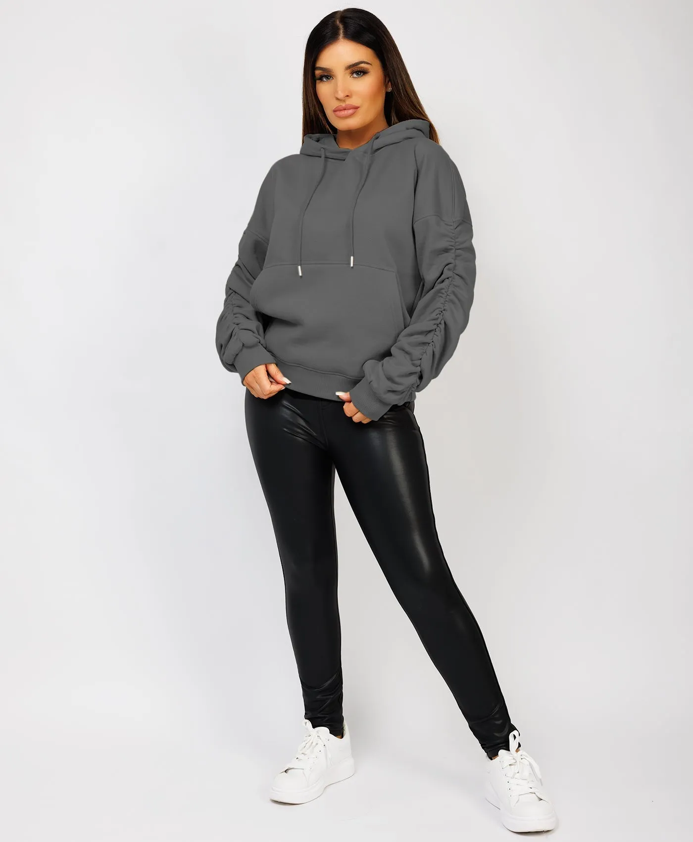 Slate Grey Ruched Sleeve Oversized Fit Hoodie