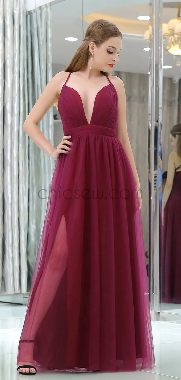 Spaghetti Straps A-line Tulle Deep V-nec Sleeveless Bridesmaid Dresses, YKX073