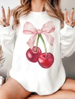 SXV  'cherry and bow’ Printed Cool Aesthetic Drop Shoulder Oversized Baggy Sweatshirt