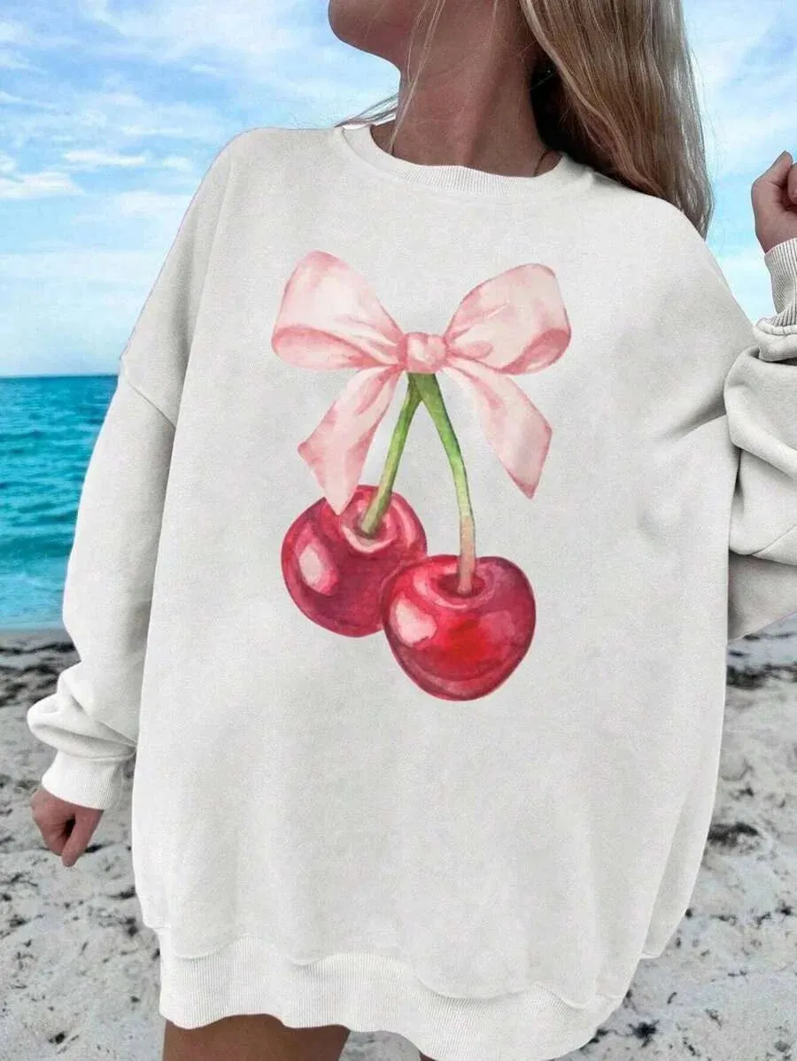 SXV  'cherry and bow’ Printed Cool Aesthetic Drop Shoulder Oversized Baggy Sweatshirt