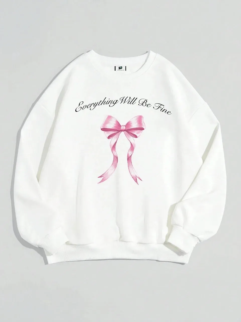 SXV  'everything will be fine bow ’ Printed Cool Aesthetic Drop Shoulder Oversized Baggy Sweatshirt