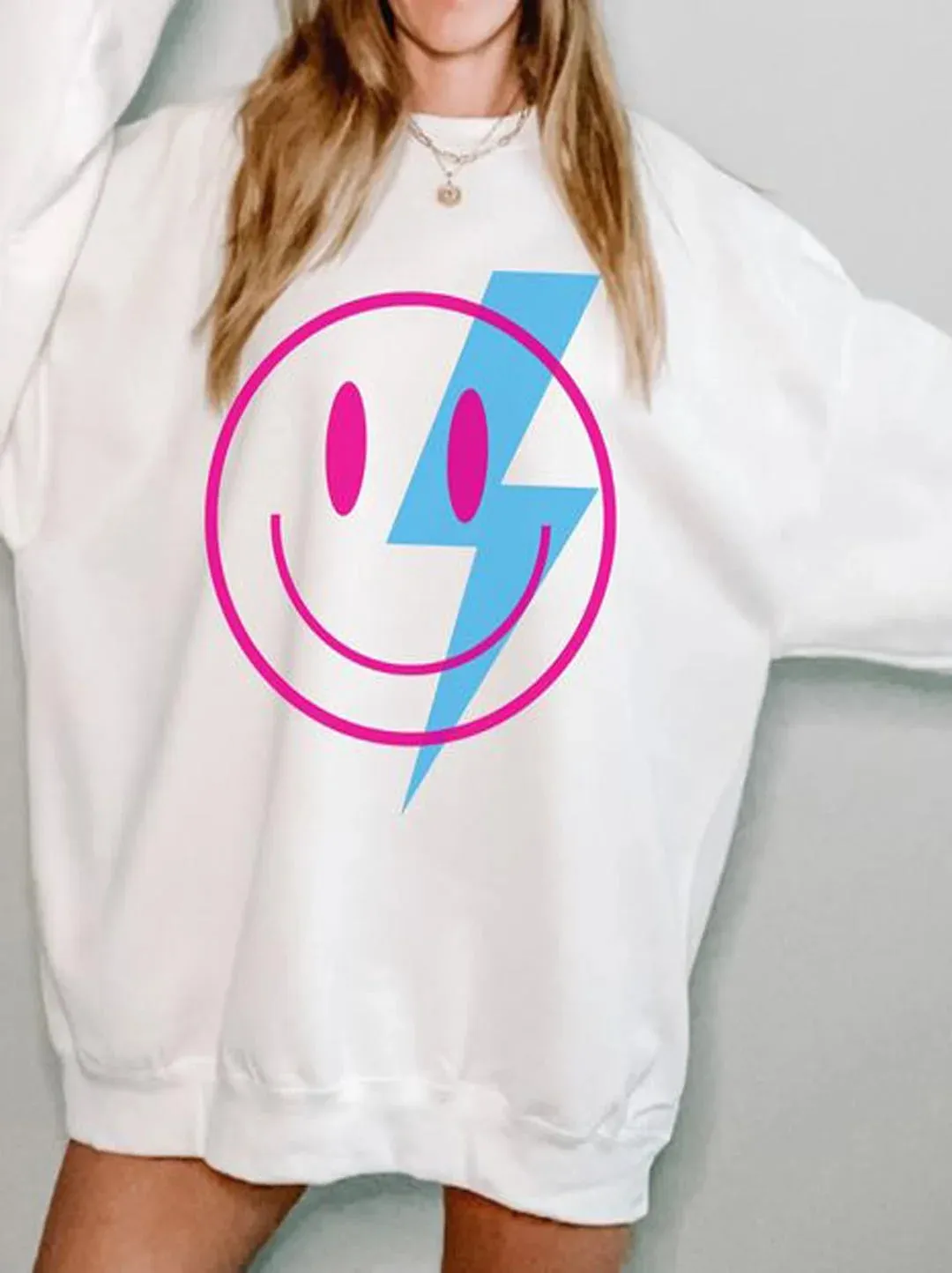 SXV  'smiley flash’ Printed Cool Aesthetic Drop Shoulder Oversized Baggy Sweatshirt