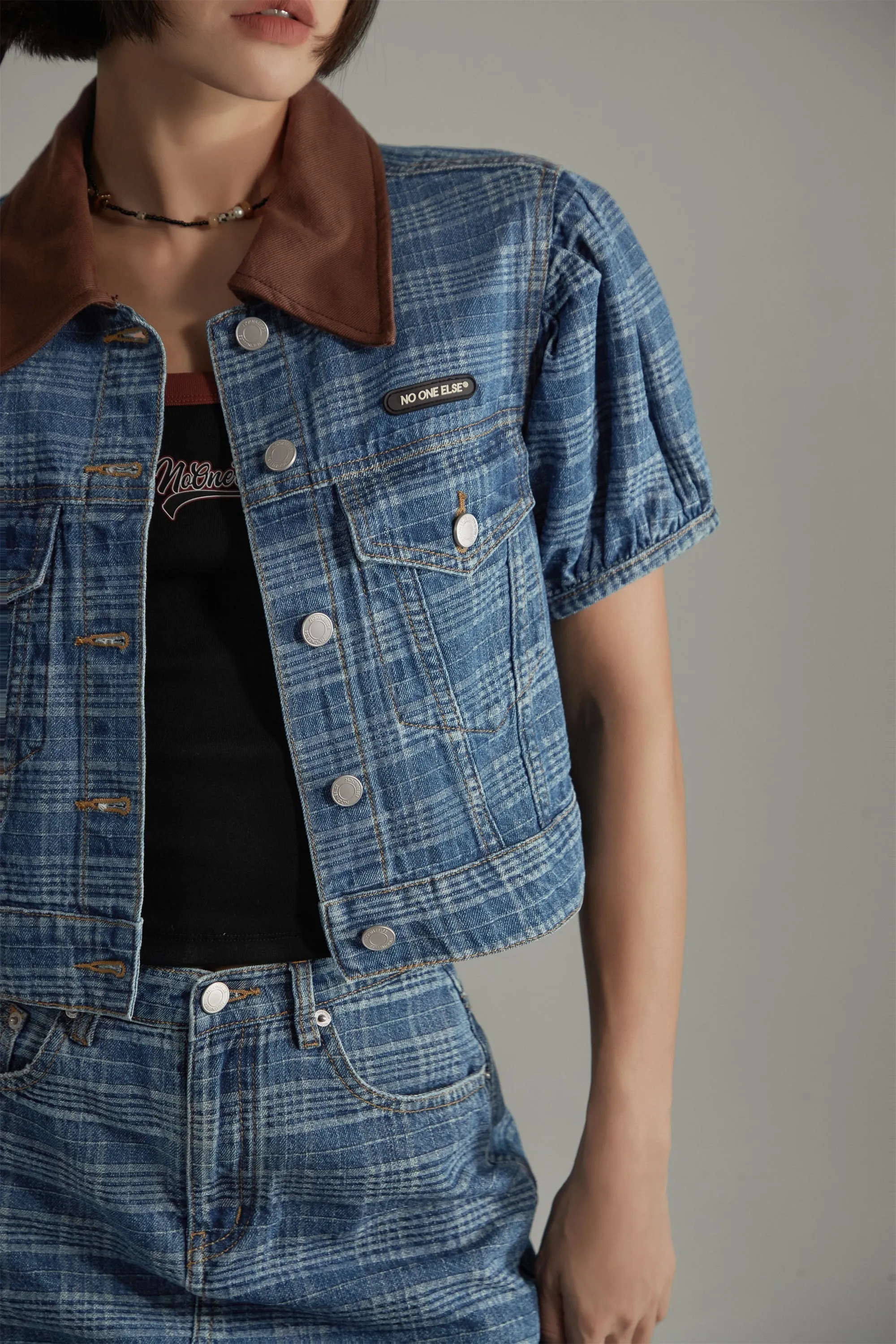 Vintage Check Puffy Short Sleeve Denim Jacket