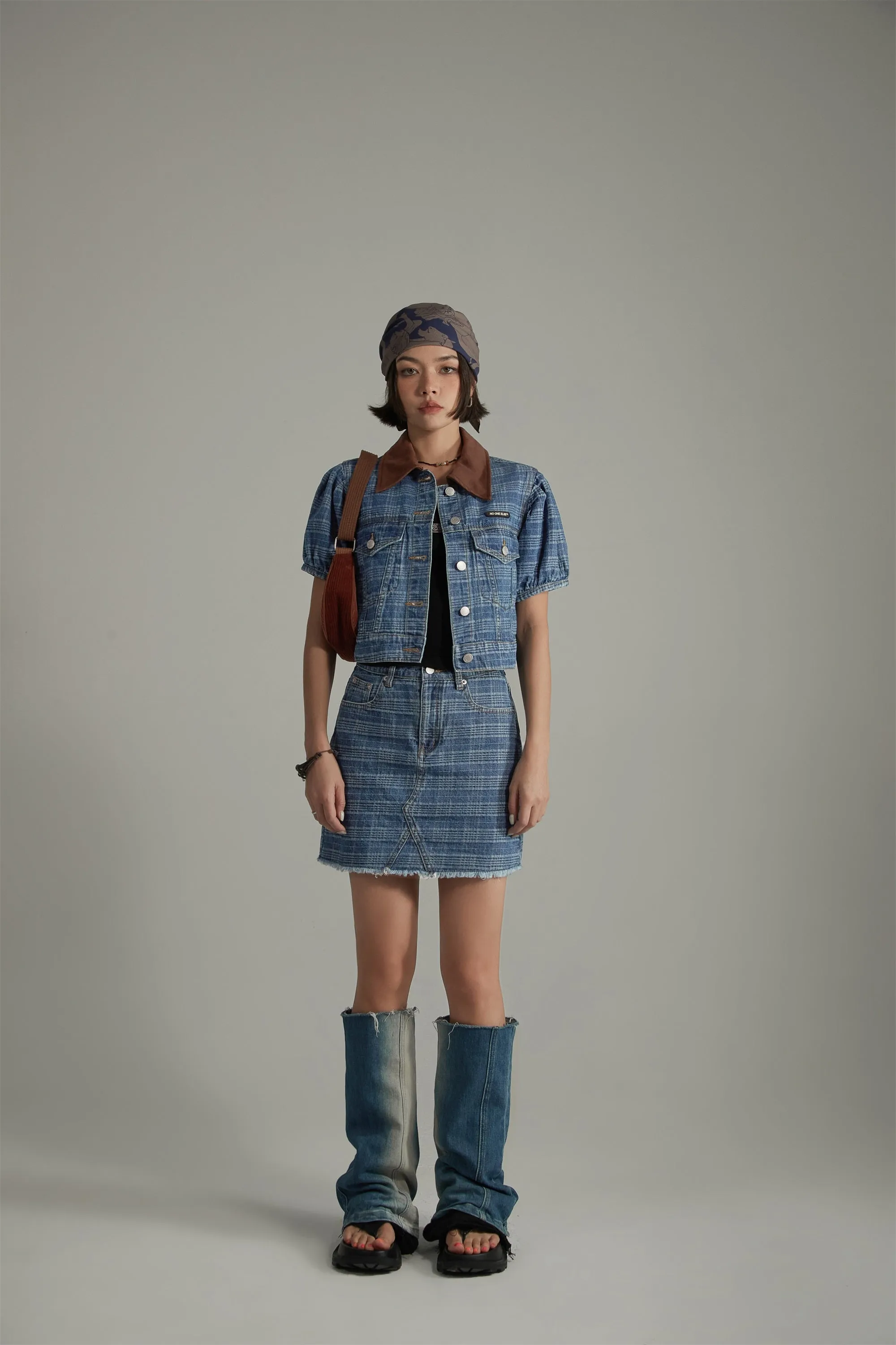 Vintage Check Puffy Short Sleeve Denim Jacket