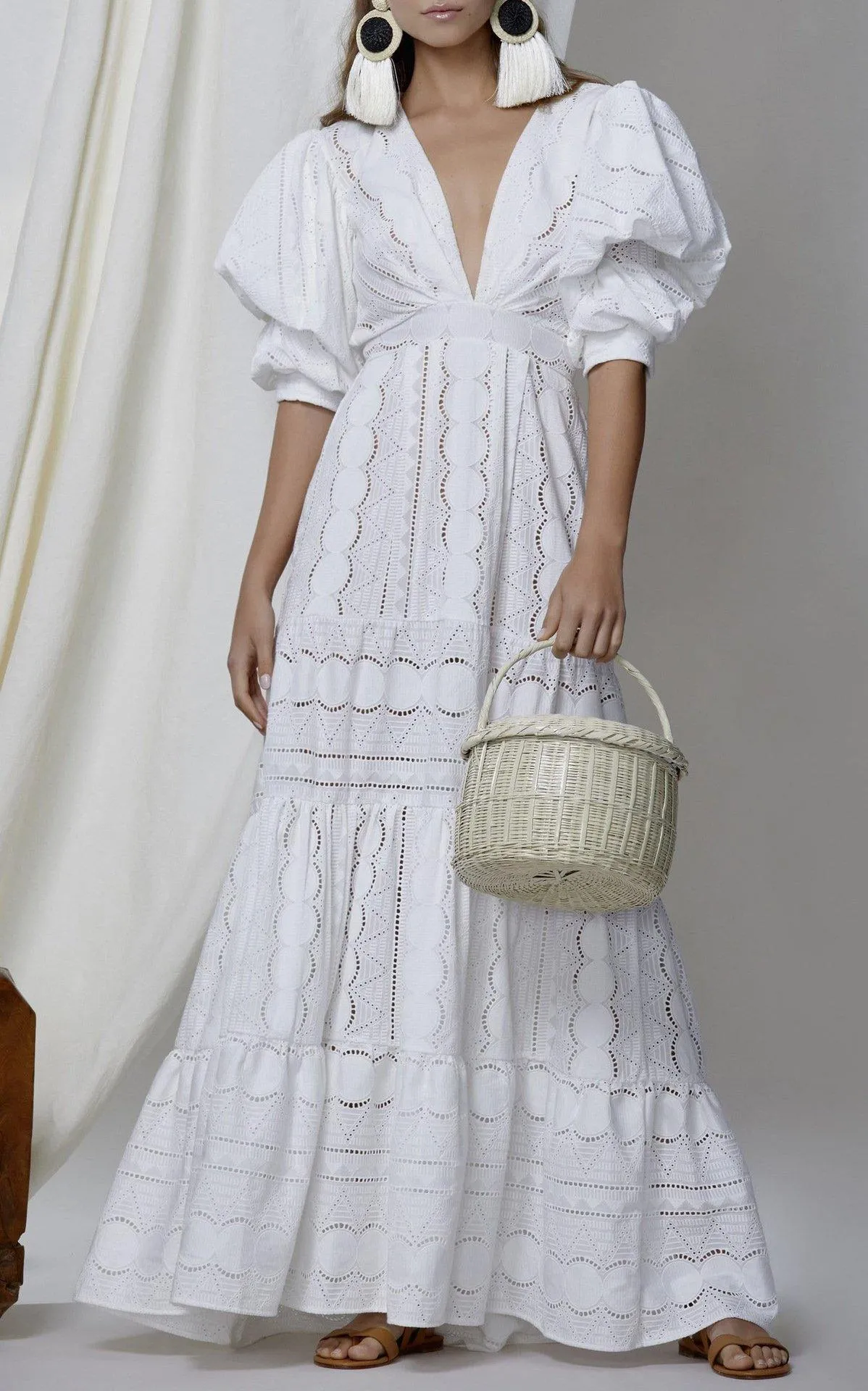 White Short Sleeves Puff Sleeves Long Dresses