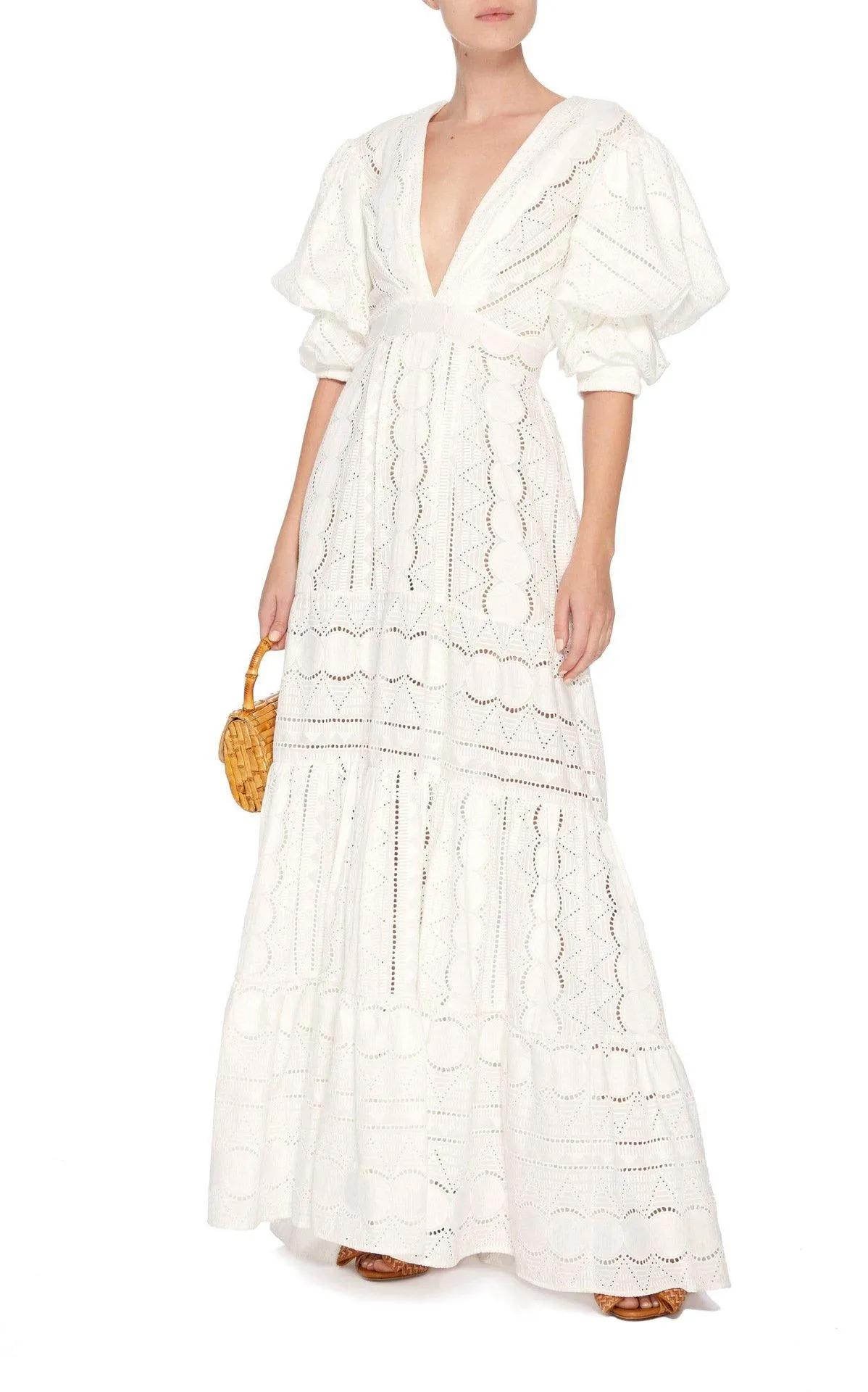 White Short Sleeves Puff Sleeves Long Dresses