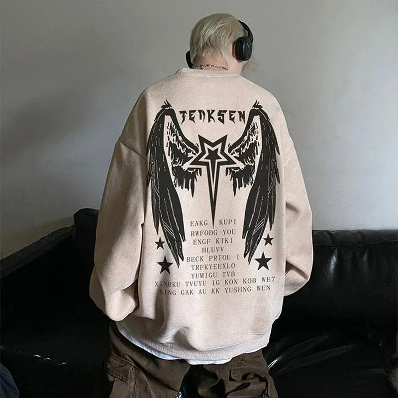 Wiaofellas  - High Street Men Sweatshirt Angel Wing Graphic Printed Gothic Style Pullover Sweatshirts Oversize Baggy Hip Hop Round Neck Hoodie