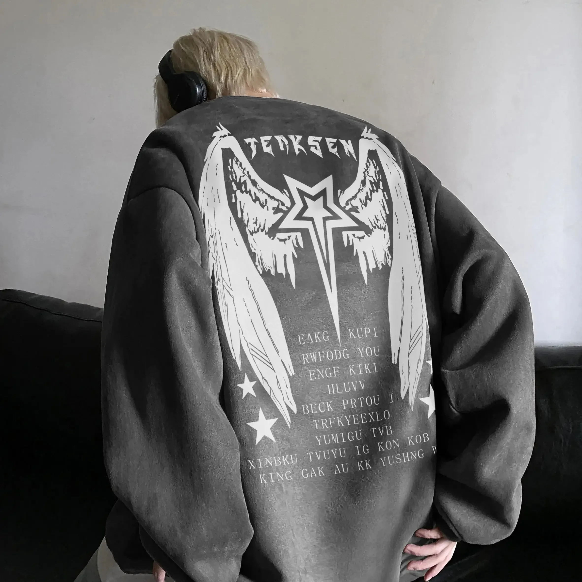 Wiaofellas  - High Street Men Sweatshirt Angel Wing Graphic Printed Gothic Style Pullover Sweatshirts Oversize Baggy Hip Hop Round Neck Hoodie