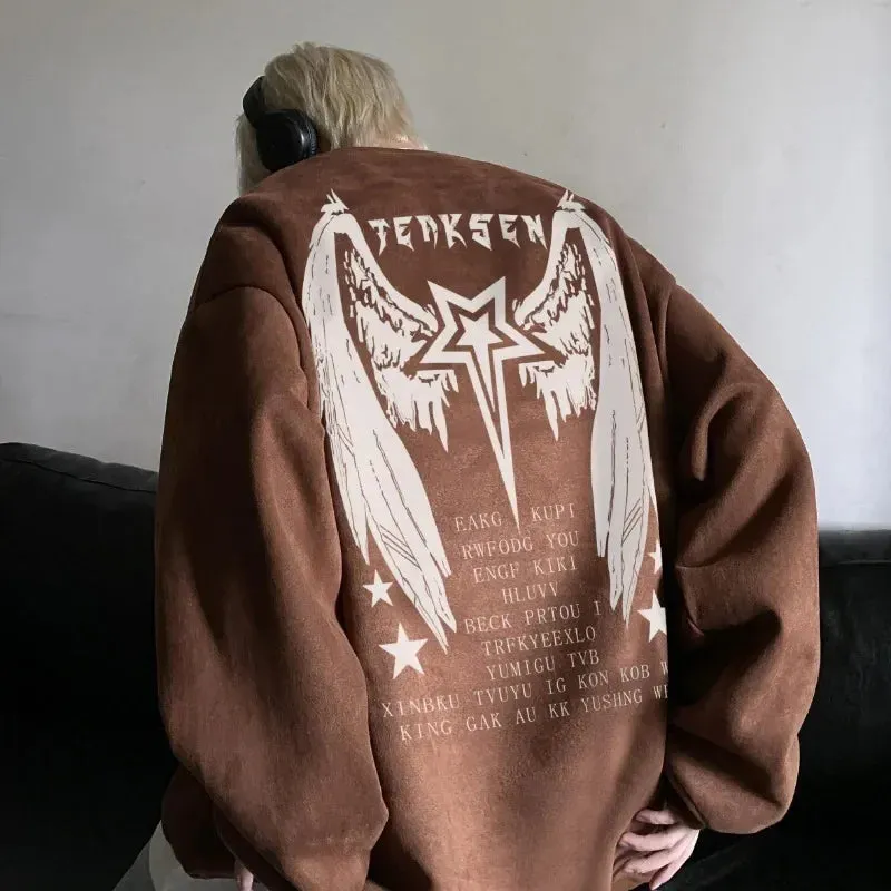 Wiaofellas  - High Street Men Sweatshirt Angel Wing Graphic Printed Gothic Style Pullover Sweatshirts Oversize Baggy Hip Hop Round Neck Hoodie