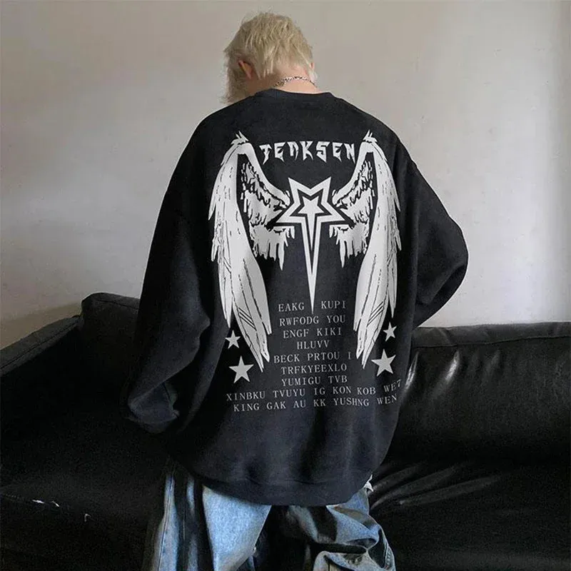 Wiaofellas  - High Street Men Sweatshirt Angel Wing Graphic Printed Gothic Style Pullover Sweatshirts Oversize Baggy Hip Hop Round Neck Hoodie