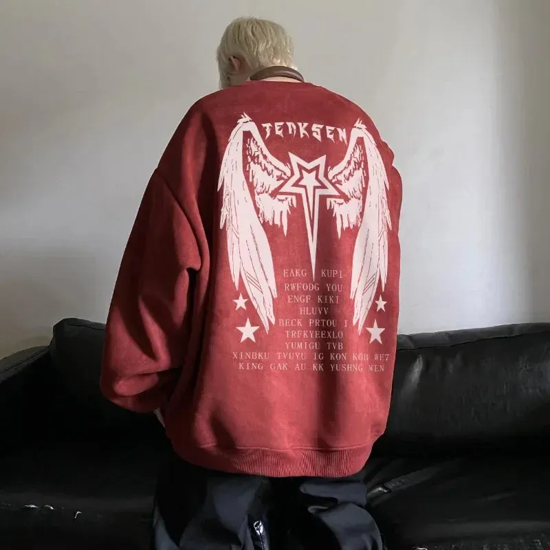 Wiaofellas  - High Street Men Sweatshirt Angel Wing Graphic Printed Gothic Style Pullover Sweatshirts Oversize Baggy Hip Hop Round Neck Hoodie