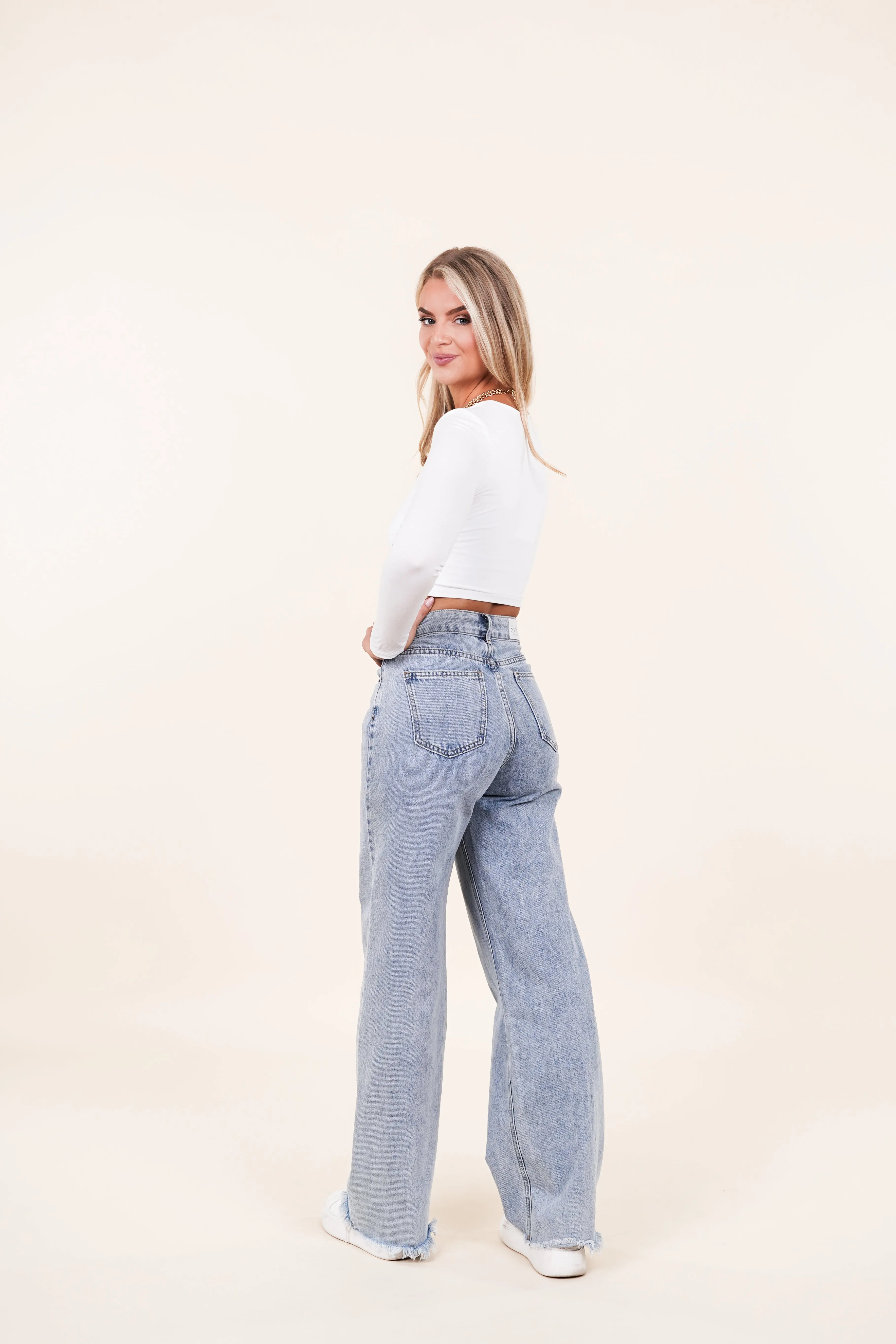 Wide leg jeans dames blauw - Jula