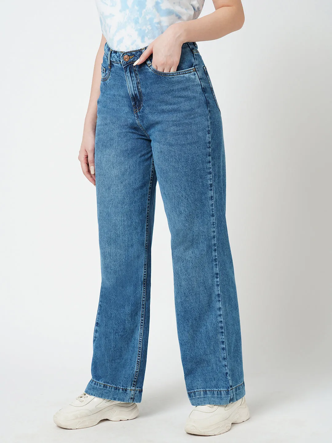 Women Blue High-Rise Wide Leg Jeans