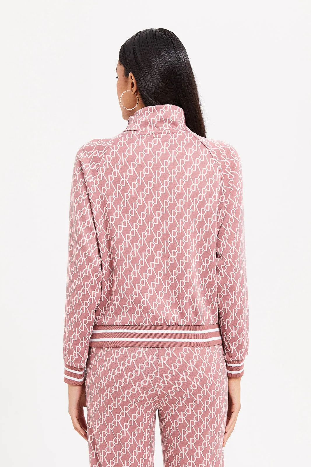 Women Pink Printed Zip Front Sweatshirt