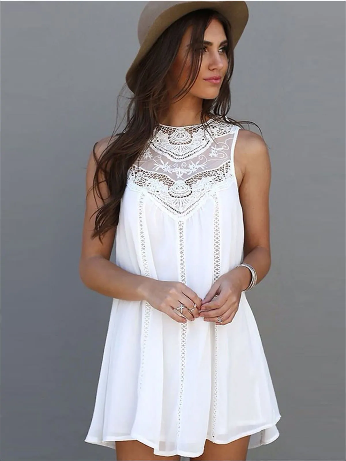 Womens Boho White Lace Sleeveless Tunic Dress