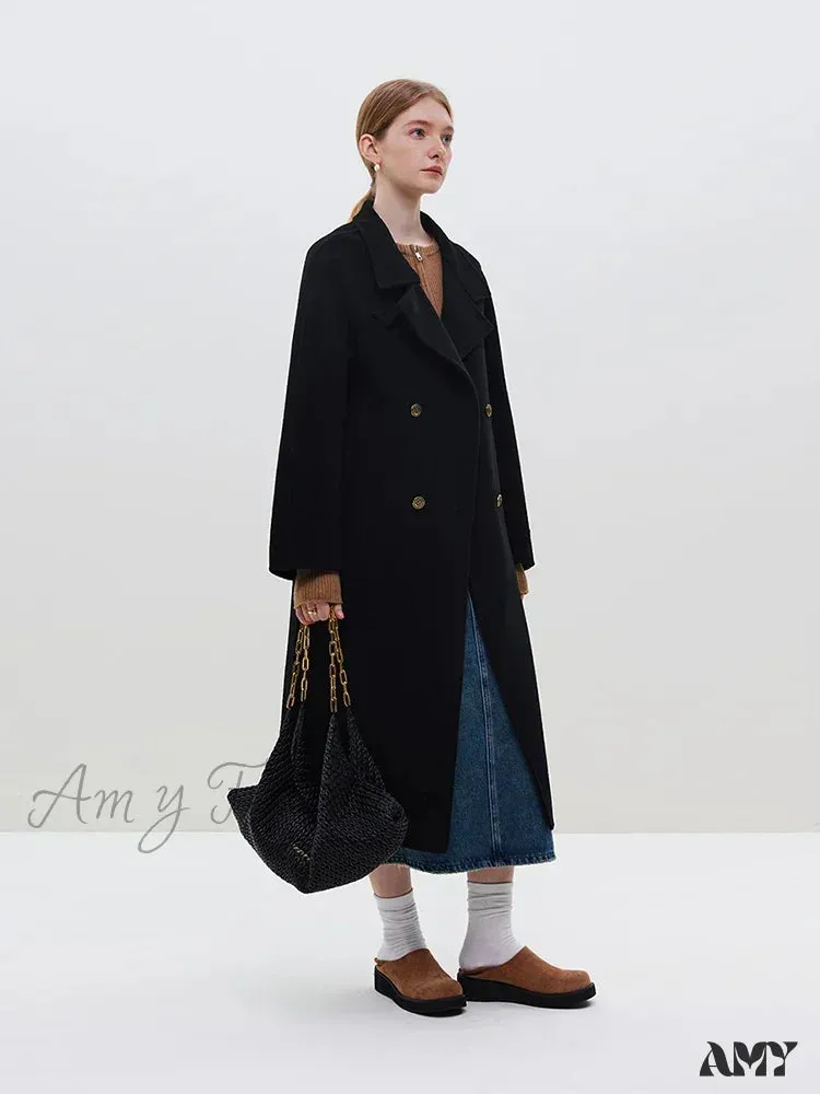 Wool Stand Collar Diagonal Placket Design Double-Breasted Long Dark Green Straight Commuter Black Coat