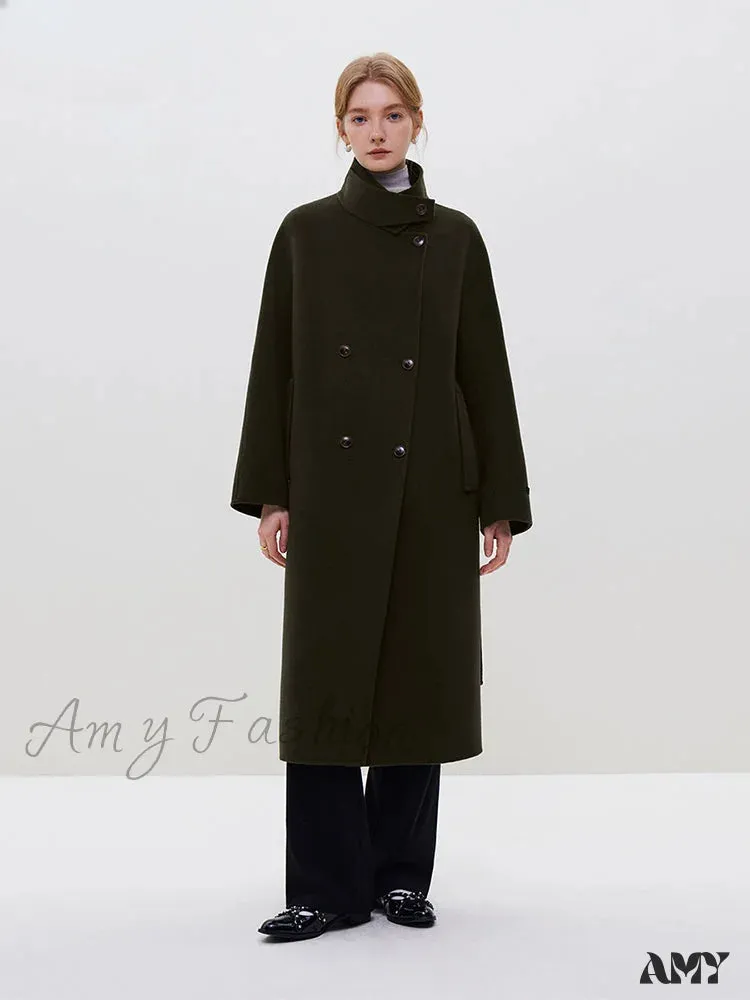 Wool Stand Collar Diagonal Placket Design Double-Breasted Long Dark Green Straight Commuter Black Coat