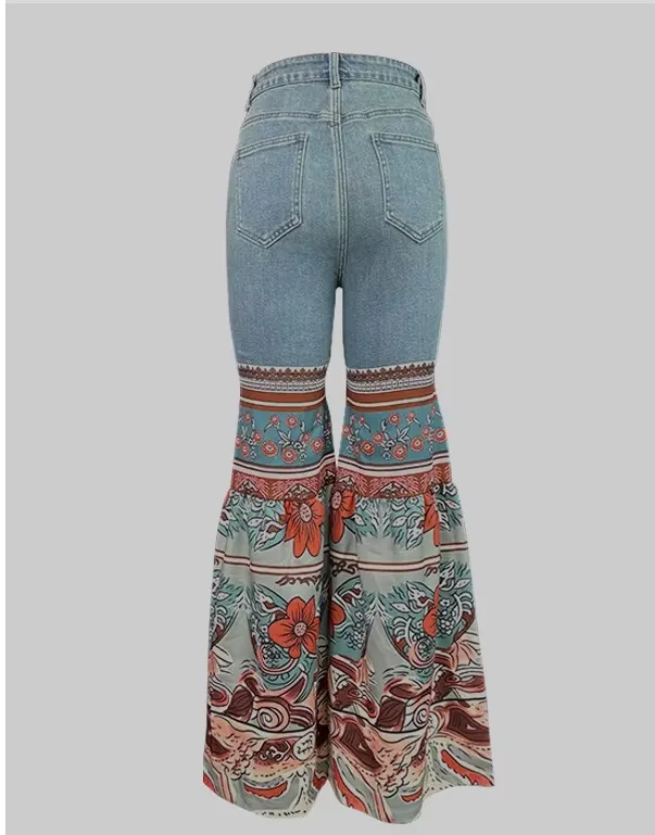 Young Women Vintage Jeans - Young Women Autumn/Winter Vintage Floral Bottoms with Pockets High-Waisted Flared Denim Jeans