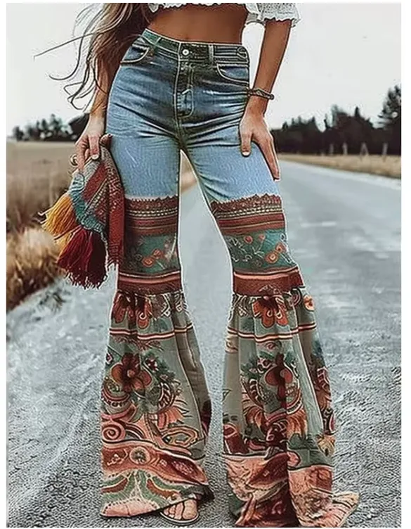 Young Women Vintage Jeans - Young Women Autumn/Winter Vintage Floral Bottoms with Pockets High-Waisted Flared Denim Jeans